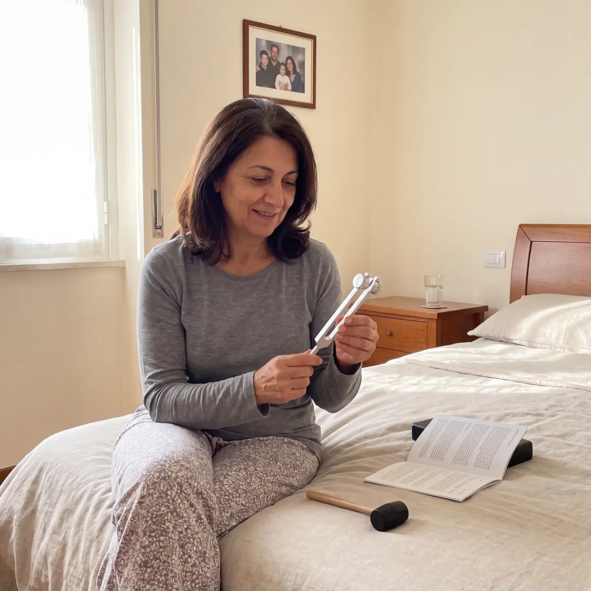 Donna seduta sul letto che osserva un diapason con il libretto accanto