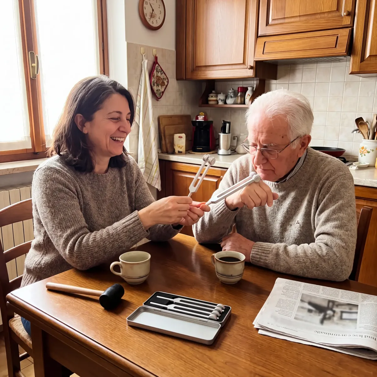 Due persone in cucina che usano i diapason attorno al tavolo